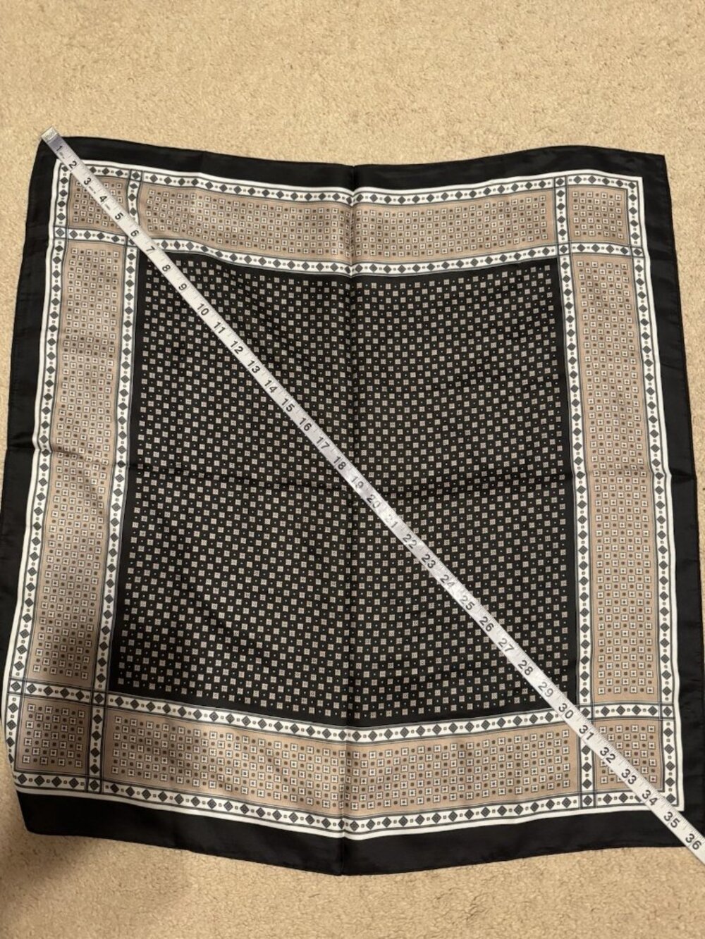 Elan 36” Square Scarf Geometric Silky Handkerchief Black Brown Cream NEW - Picture 12 of 12